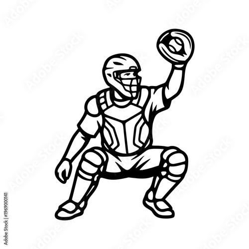 baseball catcher squatting with ball line drawing illustration vector clipart black and white