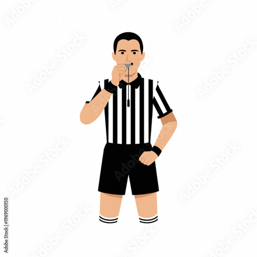 Sports referee in black and white striped uniform blowing a whistle, vector illustration