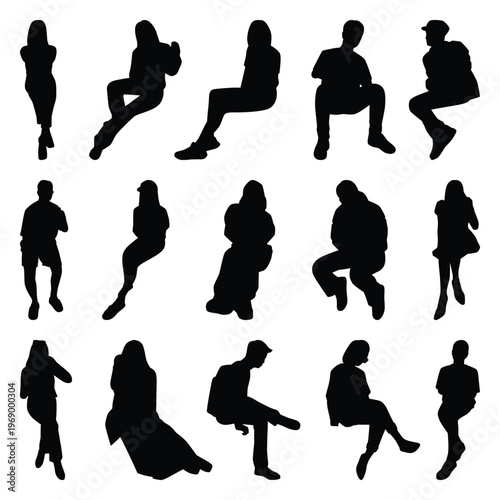 Vector collection set of sitting people silhouettes.	