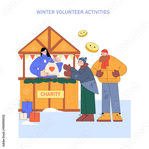 Winter Volunteer Activities at Charity Booth Illustration