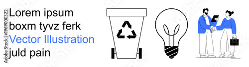 Recycling, sustainable living, innovation, teamwork, eco-friendliness, business relations. A recycling bin, light bulb and two colleagues shaking hands. Recycling and innovation concepts