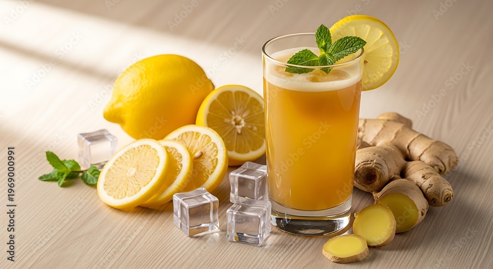 Fototapeta premium Citrus Elixir: A refreshing glass of vibrant, golden citrus juice, garnished with mint and lemon slice, nestled among fresh lemons, ginger root and ice cubes, embodying natural, wholesome goodness.