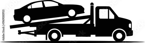 Silhouette of a car being towed on a flatbed truck vehicle