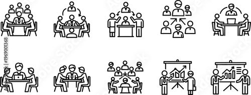 Black line icons of business people communicating and working together