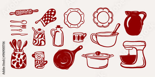 Hand drawn kitchen utensils and cookware vector set in vintage style. Cute kitchen clipart with frying pan, saucepan, mixer and cooking tools.