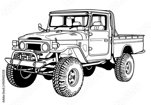Vintage 4x4 Off-Road Pickup Truck Line Art Vector, Classic Japanese Adventure Vehicle Illustration