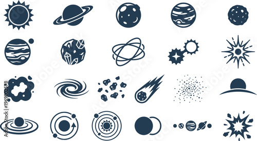 A comprehensive collection of diverse space and astronomy icons featuring planets, stars, galaxies, and celestial phenomena for educational design.