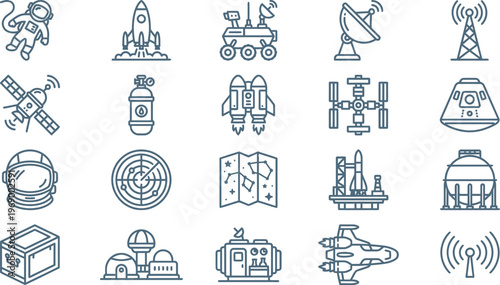 A comprehensive collection of outlined space exploration, astronomy, and communication icons in a modern vector style.