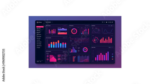 A futuristic dashboard displaying various colorful graphs and charts on a dark background