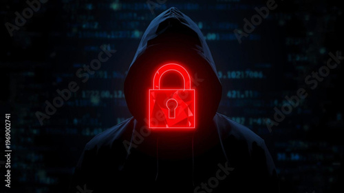 A hooded figure with a glowing red padlock on their face in a dark digital environment