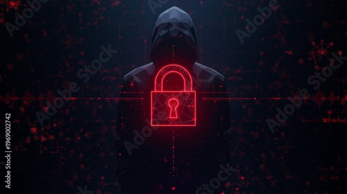 A hooded figure with a glowing red lock in a dark digital environment