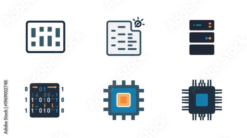 A set of six modern computer icons including chips and documents in a flat design style