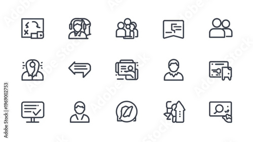 A set of minimalist line art icons representing business communication and technology