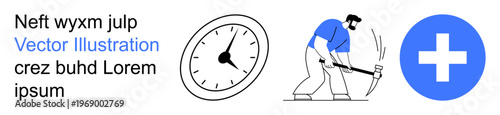 Time management, healthcare services, manual labor, medical aid, productivity, urgency. A worker swings a hammer beside a clock and medical cross. Time management and healthcare concepts