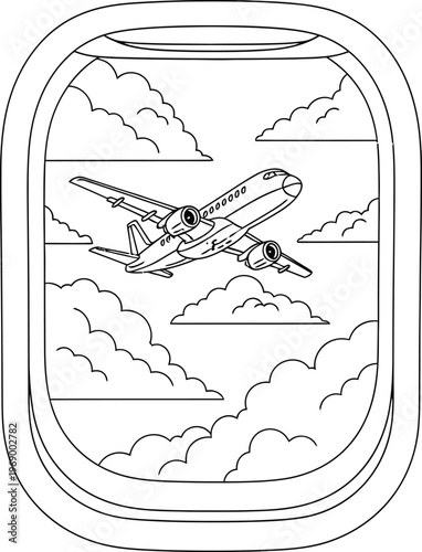 Airplane flying through clouds viewed from window seat