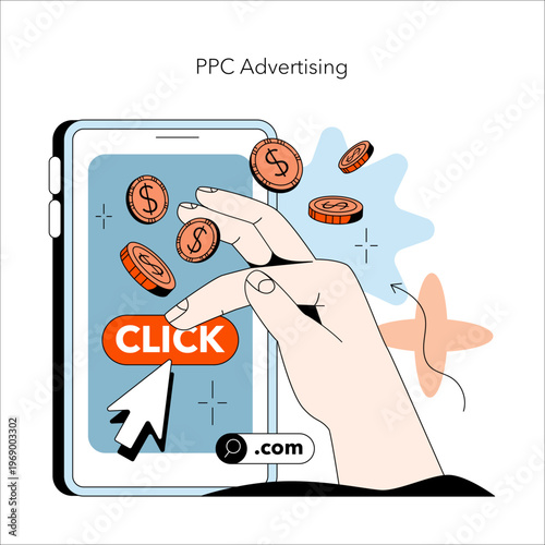 Hand Clicking on PPC Advertising Button Vector Illustration