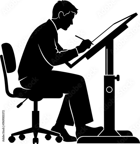 Silhouette of man drawing on drafting table with pencil