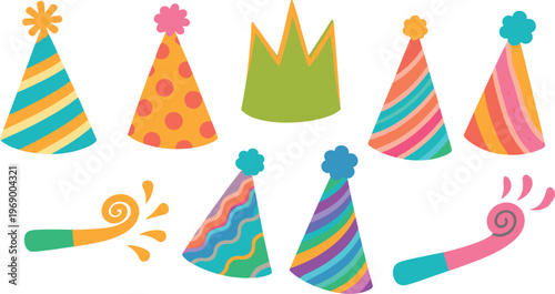 Hand Drawn Birthday Party Hats and Doodle Party Blowers Horns Set