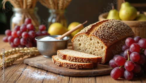 Rustic table setup shows fresh bread, red grapes, green pears, wheat stalks, and salt. This farmhouse kitchen scene suggests wholesome food and harvest bounty.