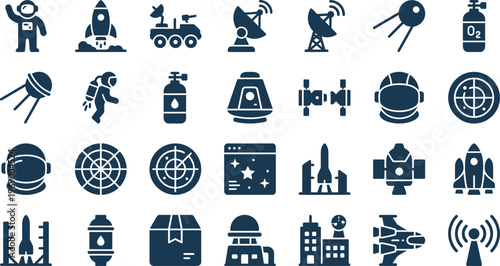 Comprehensive set of bold, dark blue glyph icons illustrating various aspects of space travel and astronomy.