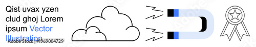 Cloud technology, customer retention, achievement, digital storage, data attraction, awards. A cloud, magnet attracting particles and a medal. Cloud technology and customer retention