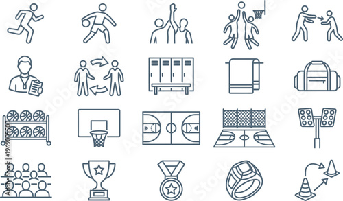Various sports icons and symbols for basketball, training, and athletic activities depicted in simple line art style