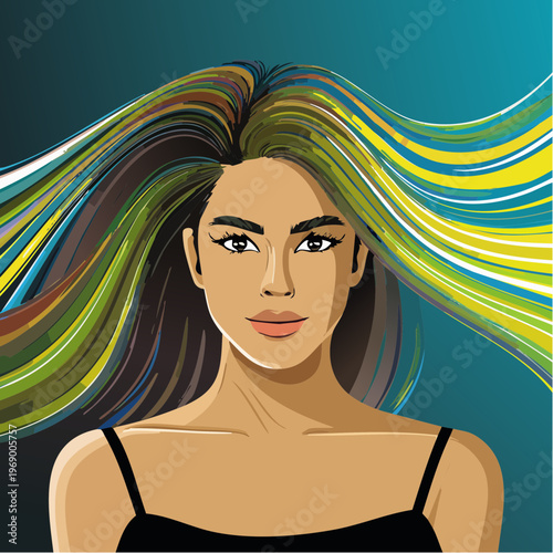 a radiant beauty portrait with flowing multicolor hair, blending luminous skin tones and high‑gloss editorial energy