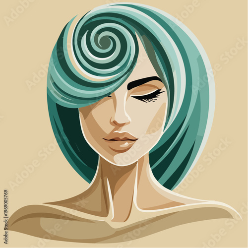 stylized portrait with teal spiral hair and closed eyes, blending modern vector minimalism with soft emotional calm