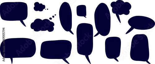 Hand drawn speech bubbles collection, comic thought clouds and conversation balloons, black ink silhouette dialogue elements
