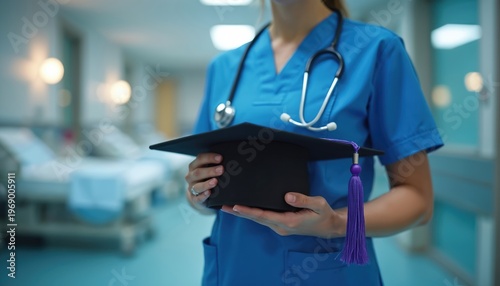 Nurse in blue scrubs holds graduation cap with stethoscope around neck. Hospital hallway with beds blurred in background. Medical professional completes studies.