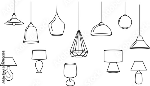 Modern ceiling lamps and desk lighting collection, interior design hanging pendants and table lamp silhouettes, furniture decor and illumination set