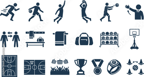 A comprehensive collection of various basketball icons, elements, and equipment for sports design projects.