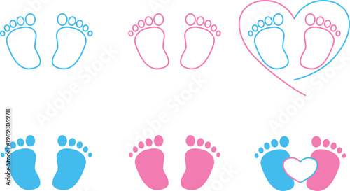 Baby footprints in blue and pink colors, newborn gender reveal and pregnancy heart icons, cute infant feet silhouette set