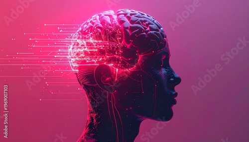 futuristic digital human head and brain glowing red, symbolizing artificial intelligence (AI), neural networks, data processing,human head silhouette