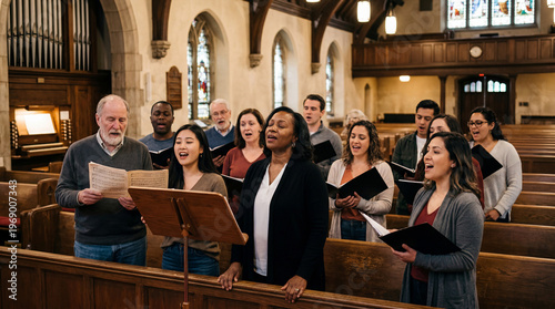 Choir singing together during service in church interior