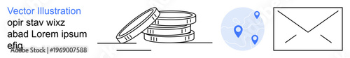 Financial transactions, digital services, navigation, mail systems, business, economy. Stack of coins with geolocation map and envelope icon. Financial transactions and digital services concept