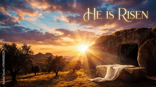 Easter morning, a symbol of hope and resurrection, as the sun rises over the empty tomb. The text He is Risen is elegantly displayed across the image, which evokes a feeling of peace and divine grace.