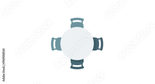 Four blue chairs around white table.