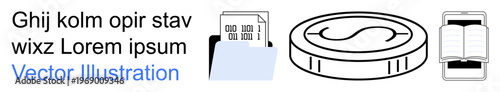 Financial services, data analysis, bookkeeping, education tools, document management, savings. Icons of a coin, document file and an open book. Financial services and data analysis concepts