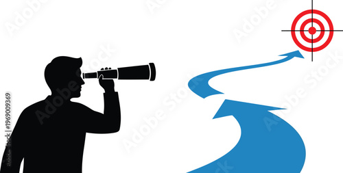 Silhouette of a businessman looking through a telescope at a target