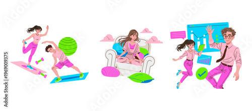 Fitness Routine, Relaxation, and Teamwork Vector Illustration
