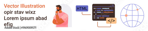 Web development, programming, coding, global communication, software design, frontend technologies. Developer thinking beside code snippets and a globe. Web development and programming concept