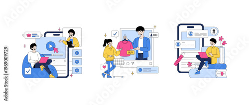 Social Media Engagement and Online Shopping Vector Illustration