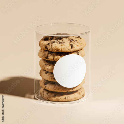 Stack of chocolate chip cookies inside transparent container with blank label