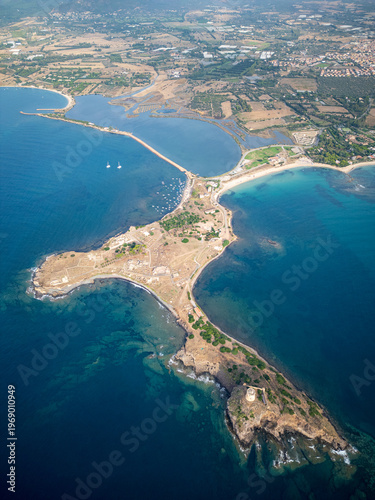 Aerial sunrise over Nora ancient ruins Sardinia