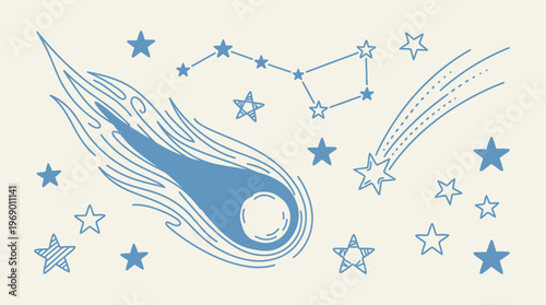 A charming, hand-drawn illustration featuring a fiery comet, two shooting stars, and a celestial constellation amidst numerous scattered stars.