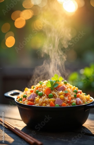 Hot steaming rice bowl with vegetables and ham on wooden table. Outdoor dining with sun flare, soft bokeh background. Fresh cooked meal served with chopsticks.