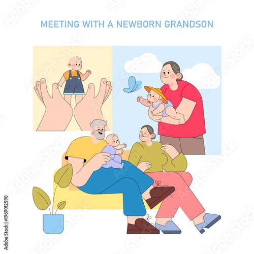 Family Gathering with Newborn Grandson Vector Illustration