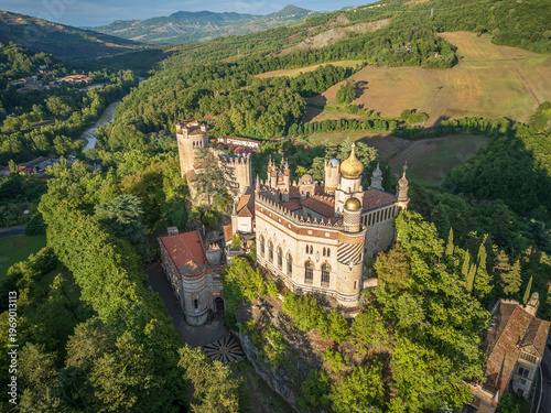 Rocchetta Mattei aerial shot in golden hour