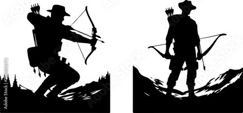 Monochrome Artwork of Skilled Bowhunters Practicing Archery Techniques in Hunting Environments.